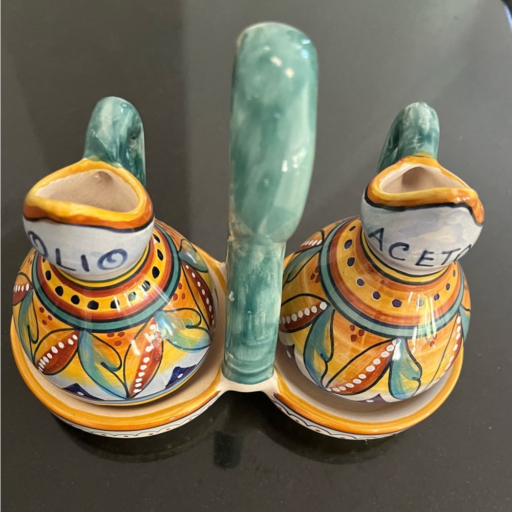 Hand Painted in Italy Vinegar and Oil Cruet Set with Caddy Olio and Aceto